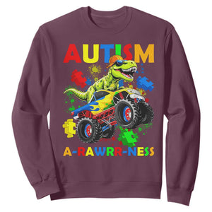 Funny Autism Awareness Dinosaur Sweatshirt Autism Arawrrness Monster Truck Puzzle Pieces TS11 Maroon Print Your Wear