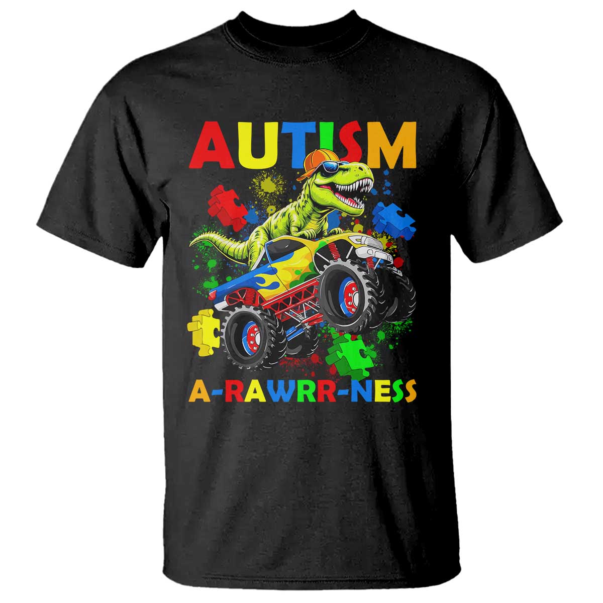 Funny Autism Awareness Dinosaur T Shirt Autism Arawrrness Monster Truck Puzzle Pieces TS11 Black Print Your Wear