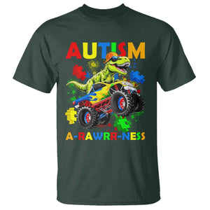 Funny Autism Awareness Dinosaur T Shirt Autism Arawrrness Monster Truck Puzzle Pieces TS11 Dark Forest Green Print Your Wear