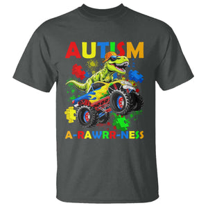 Funny Autism Awareness Dinosaur T Shirt Autism Arawrrness Monster Truck Puzzle Pieces TS11 Dark Heather Print Your Wear