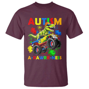 Funny Autism Awareness Dinosaur T Shirt Autism Arawrrness Monster Truck Puzzle Pieces TS11 Maroon Print Your Wear