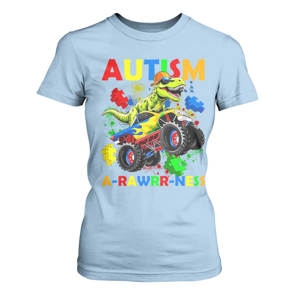 Funny Autism Awareness Dinosaur T Shirt For Women Autism Arawrrness Monster Truck Puzzle Pieces TS11 Light Blue Print Your Wear
