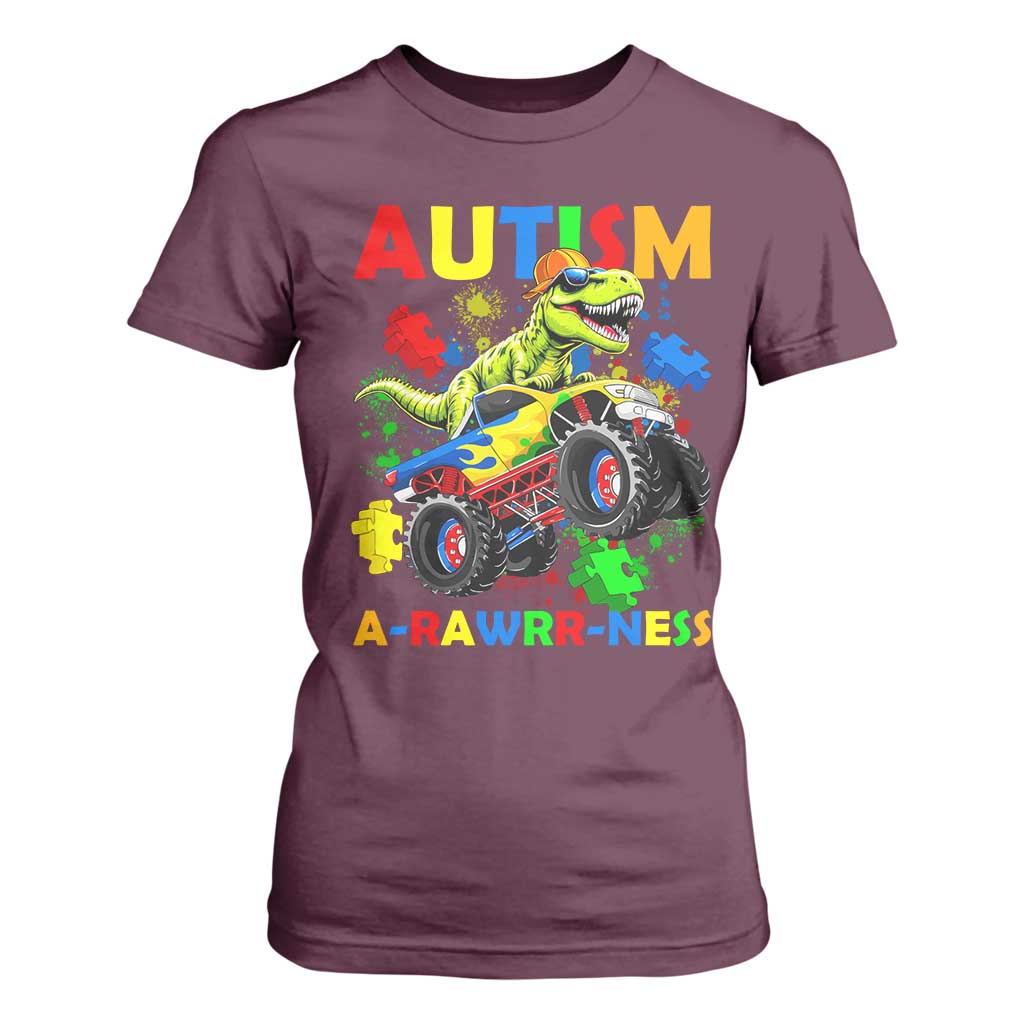 Funny Autism Awareness Dinosaur T Shirt For Women Autism Arawrrness Monster Truck Puzzle Pieces TS11 Maroon Print Your Wear