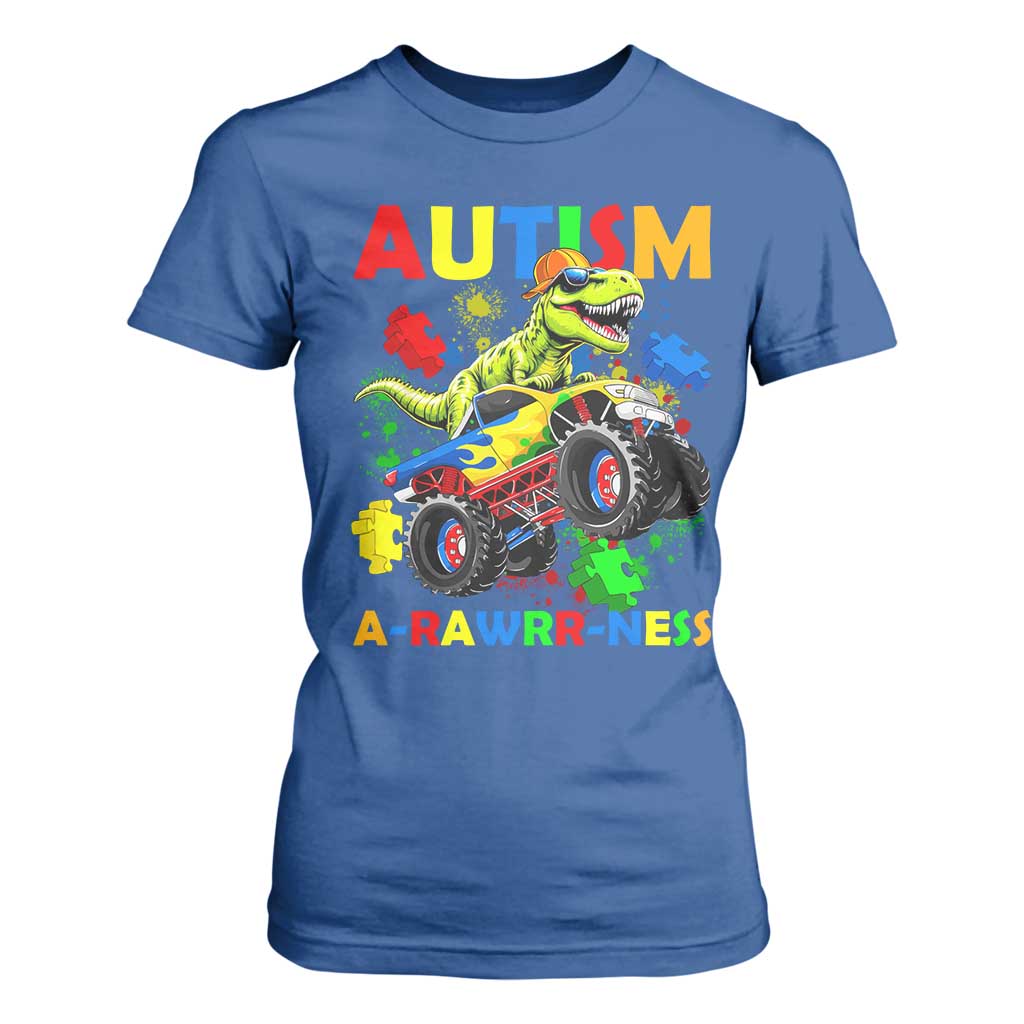 Funny Autism Awareness Dinosaur T Shirt For Women Autism Arawrrness Monster Truck Puzzle Pieces TS11 Royal Blue Print Your Wear