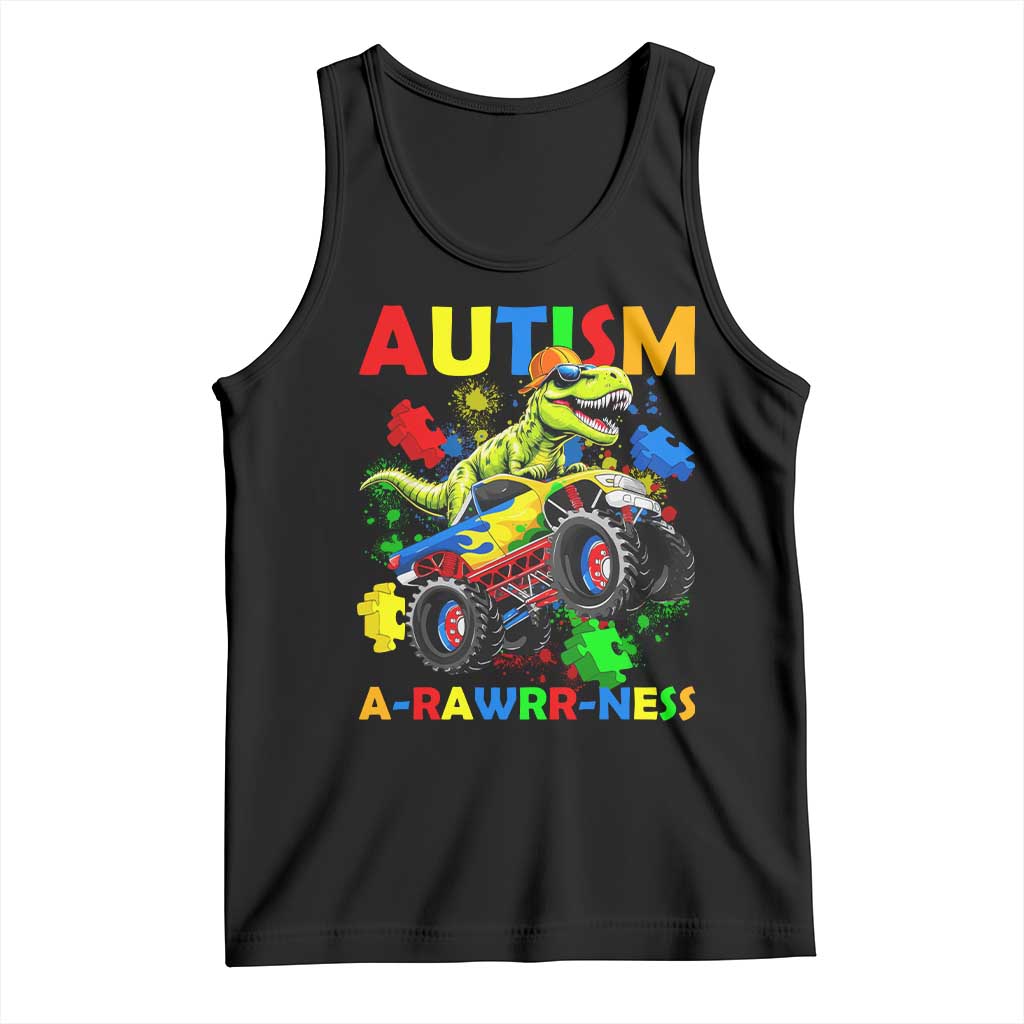 Funny Autism Awareness Dinosaur Tank Top Autism Arawrrness Monster Truck Puzzle Pieces TS11 Black Print Your Wear