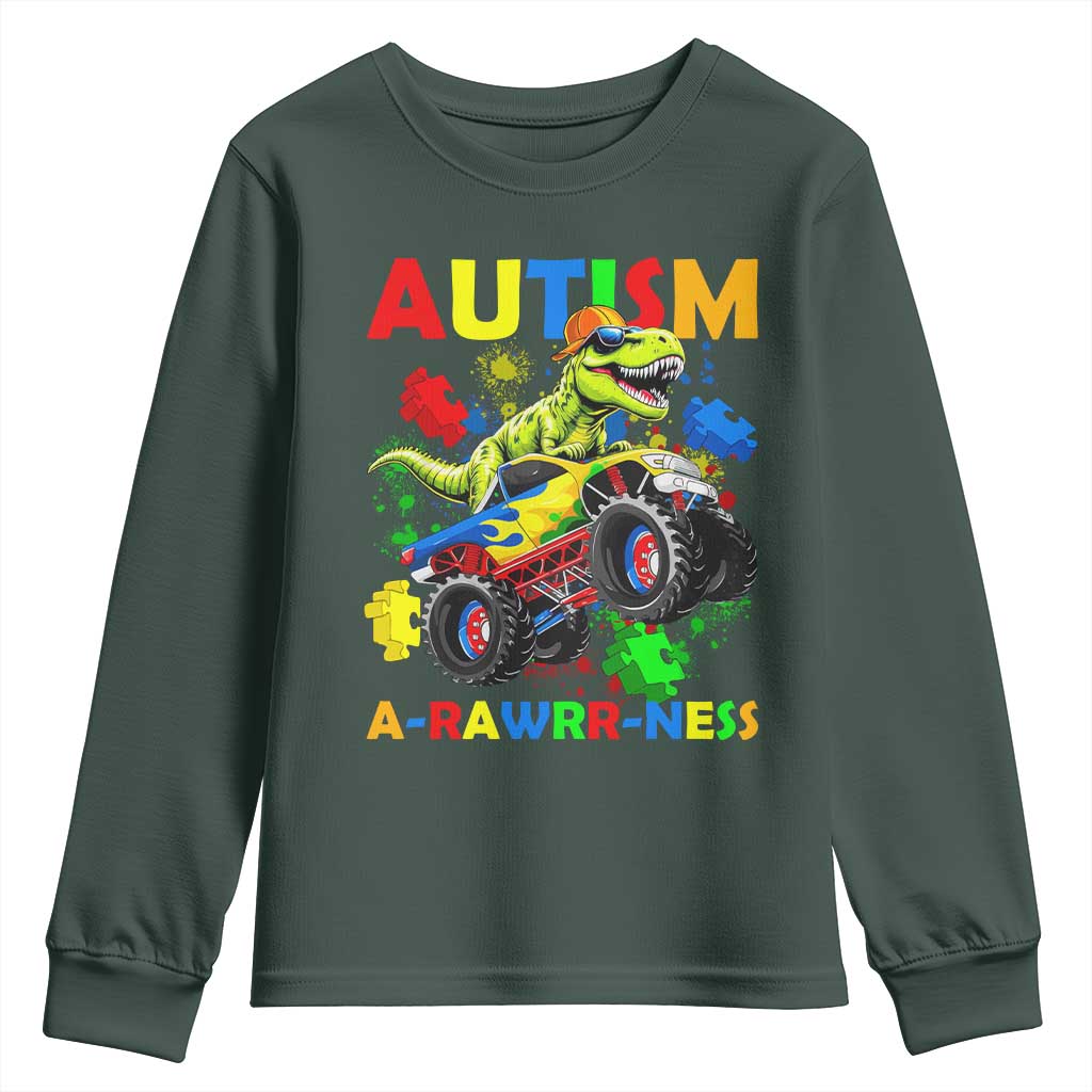 Funny Autism Awareness Dinosaur Youth Sweatshirt Autism Arawrrness Monster Truck Puzzle Pieces TS11 Dark Forest Green Print Your Wear