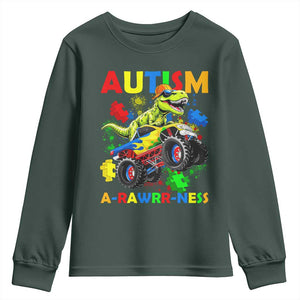 Funny Autism Awareness Dinosaur Youth Sweatshirt Autism Arawrrness Monster Truck Puzzle Pieces TS11 Dark Forest Green Print Your Wear