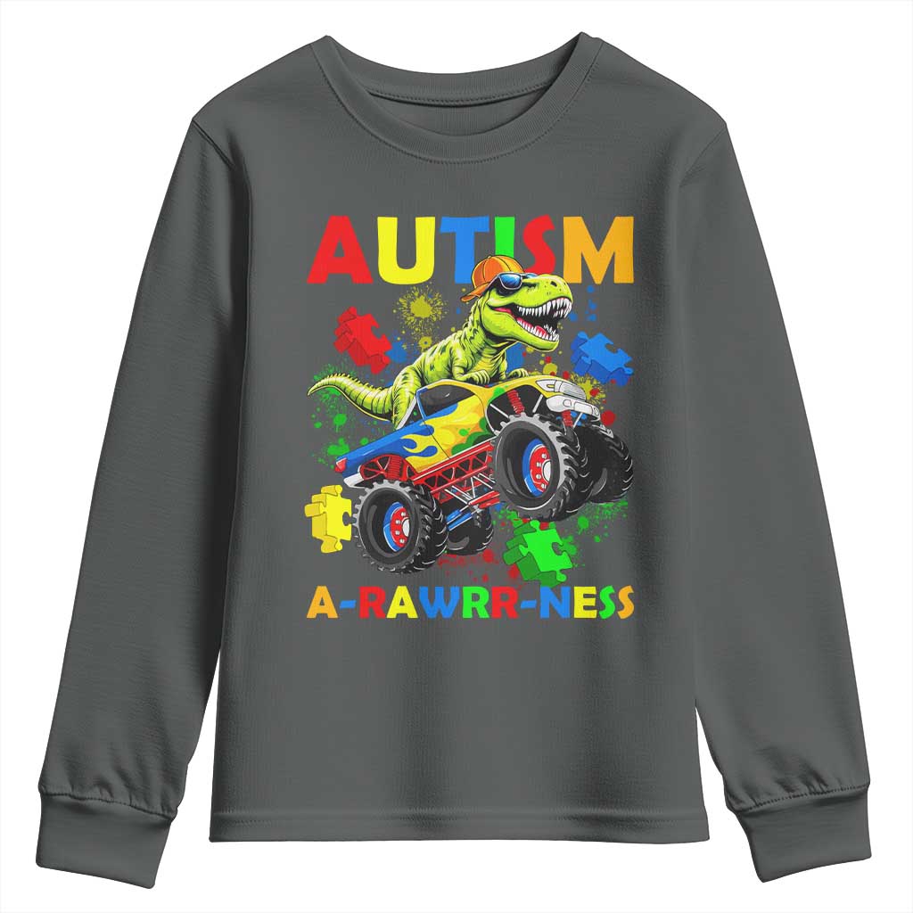 Funny Autism Awareness Dinosaur Youth Sweatshirt Autism Arawrrness Monster Truck Puzzle Pieces TS11 Dark Heather Print Your Wear