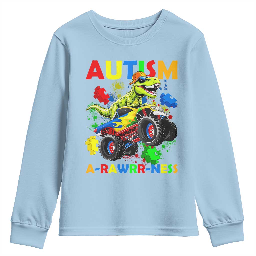 Funny Autism Awareness Dinosaur Youth Sweatshirt Autism Arawrrness Monster Truck Puzzle Pieces TS11 Light Blue Print Your Wear
