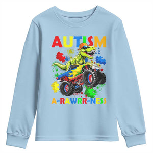 Funny Autism Awareness Dinosaur Youth Sweatshirt Autism Arawrrness Monster Truck Puzzle Pieces TS11 Light Blue Print Your Wear
