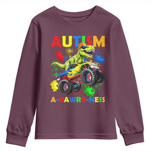 Funny Autism Awareness Dinosaur Youth Sweatshirt Autism Arawrrness Monster Truck Puzzle Pieces TS11 Maroon Print Your Wear