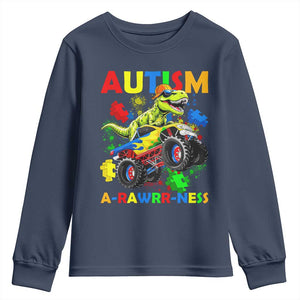 Funny Autism Awareness Dinosaur Youth Sweatshirt Autism Arawrrness Monster Truck Puzzle Pieces TS11 Navy Print Your Wear