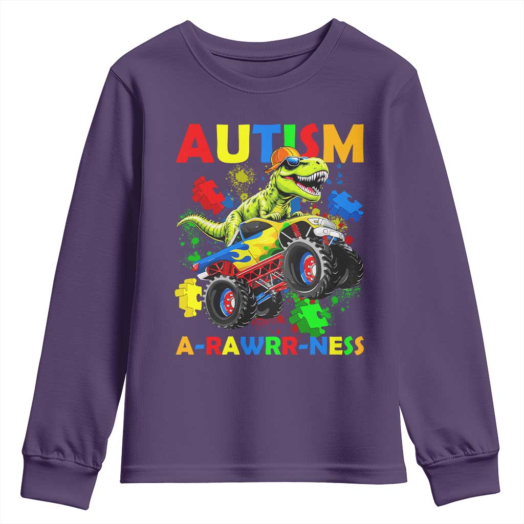 Funny Autism Awareness Dinosaur Youth Sweatshirt Autism Arawrrness Monster Truck Puzzle Pieces TS11 Purple Print Your Wear