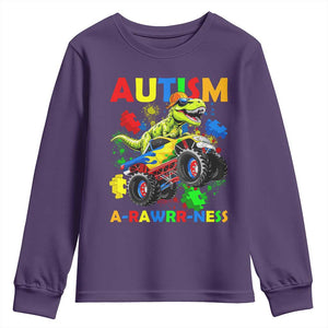 Funny Autism Awareness Dinosaur Youth Sweatshirt Autism Arawrrness Monster Truck Puzzle Pieces TS11 Purple Print Your Wear