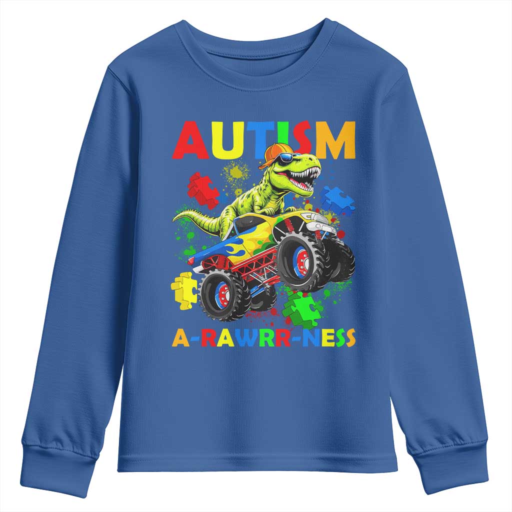 Funny Autism Awareness Dinosaur Youth Sweatshirt Autism Arawrrness Monster Truck Puzzle Pieces TS11 Royal Blue Print Your Wear