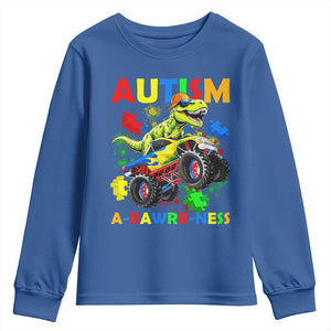 Funny Autism Awareness Dinosaur Youth Sweatshirt Autism Arawrrness Monster Truck Puzzle Pieces TS11 Royal Blue Print Your Wear