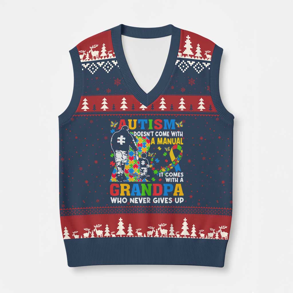 Autism Grandpa V-Neck Knit Sweater Vest Autism Doesn't Come With A Manual It Comes With A Grandpa TS11 Navy Red Print Your Wear
