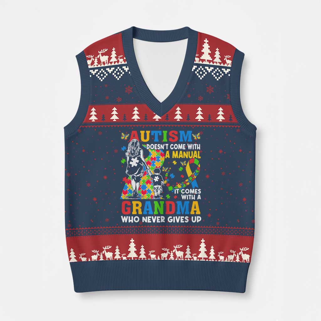 Autism Grandma V-Neck Knit Sweater Vest Autism Doesn't Come With A Manual It Comes With A Grandma TS11 Navy Red Print Your Wear