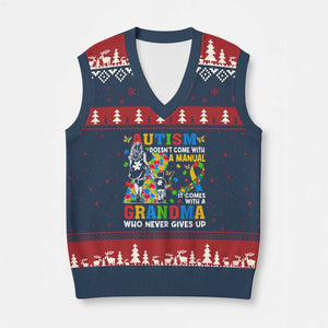 Autism Grandma V-Neck Knit Sweater Vest Autism Doesn't Come With A Manual It Comes With A Grandma TS11 Navy Red Print Your Wear