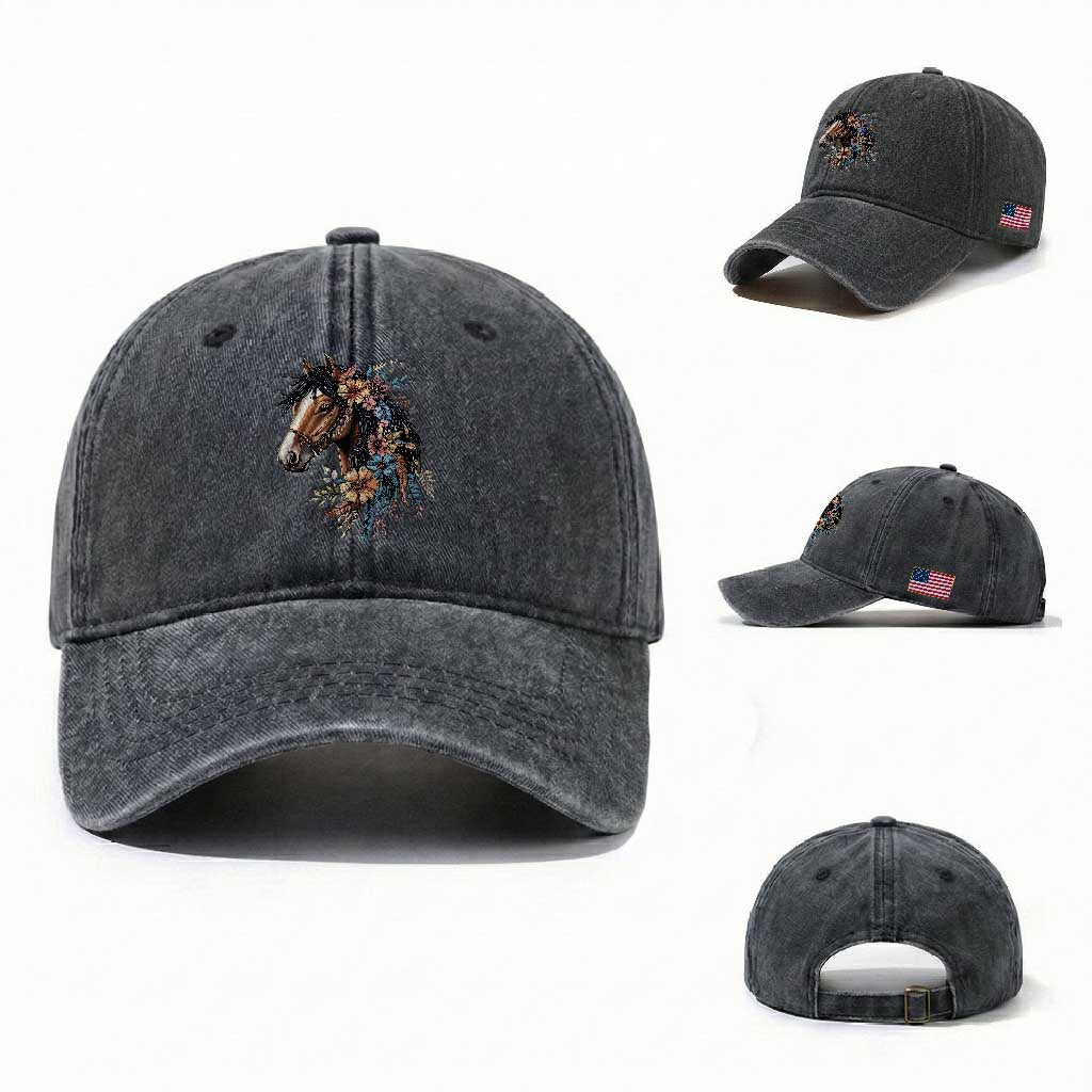 Floral Wild Horse Country Horse Riding Washed Cotton Baseball Cap TS11 Washed Cap Universal Fit Dark Gray Print Your Wear