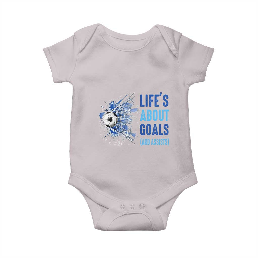 Soccer Lover Baby Onesie Life's About Goals And Assists Coach TS11 Ice Gray Print Your Wear