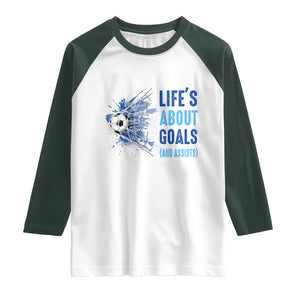 Soccer Lover Raglan Shirt Life's About Goals And Assists Coach TS11 White Dark Forest Green Print Your Wear