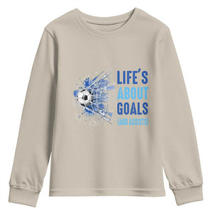Soccer Lover Youth Sweatshirt Life's About Goals And Assists Coach TS11 Sand Print Your Wear
