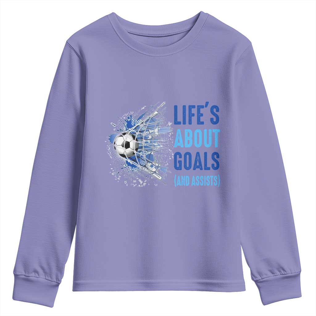 Soccer Lover Youth Sweatshirt Life's About Goals And Assists Coach TS11 Violet Print Your Wear