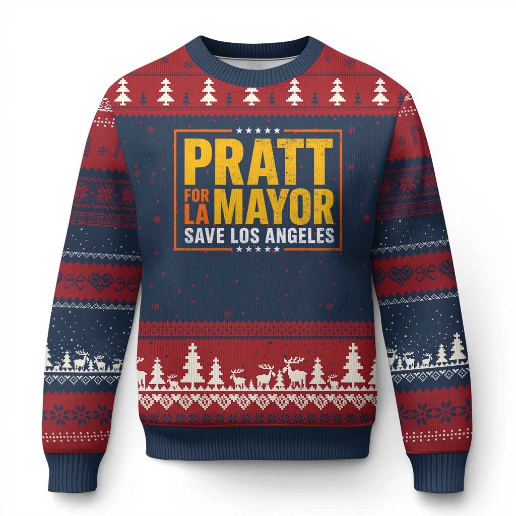 Pratt For Mayor Save Los Angeles Ugly Christmas Sweater Spencer Supporter TS11 Navy Red Print Your Wear