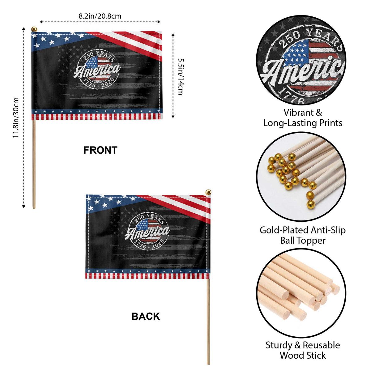America 250 Years 1776 2026 Patriotic Handheld Flag 250th Anniversary USA Vintage USA Flag