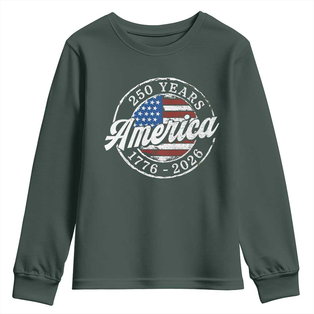 America 250 Years 1776 2026 Youth Sweatshirt 250th Anniversary USA Vintage USA Flag TS11 Dark Forest Green Print Your Wear