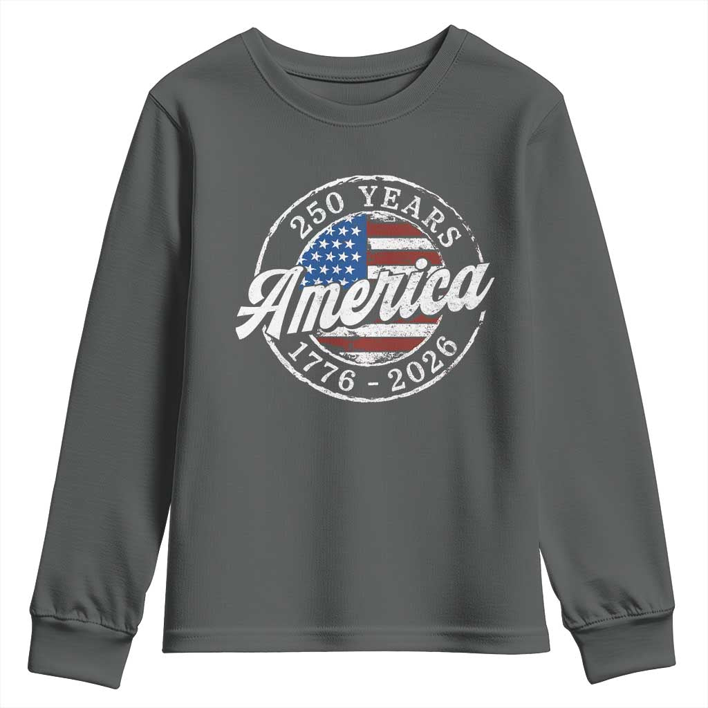 America 250 Years 1776 2026 Youth Sweatshirt 250th Anniversary USA Vintage USA Flag TS11 Dark Heather Print Your Wear