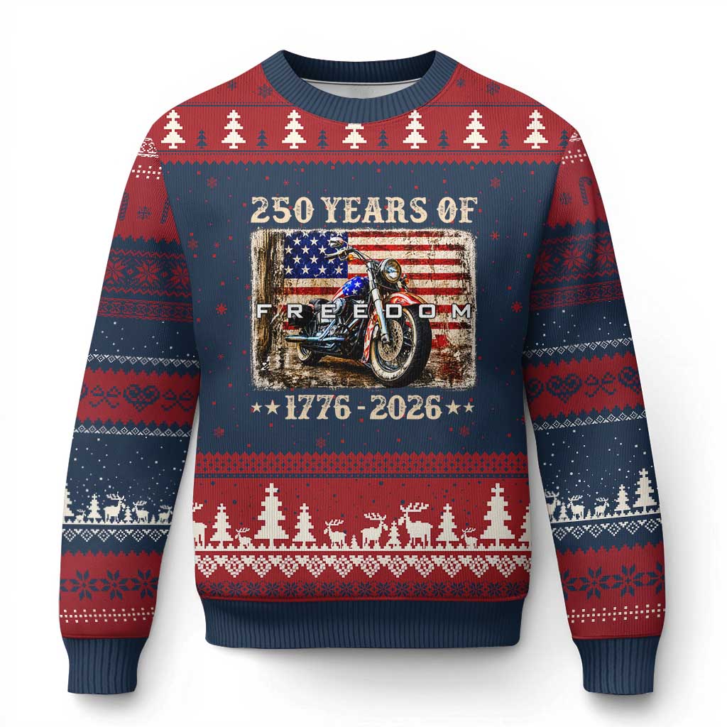 250 Years Of Freedom Motorcycle Patriotic Biker 1776 2026 Ugly Christmas Sweater TS11 Navy Red Print Your Wear