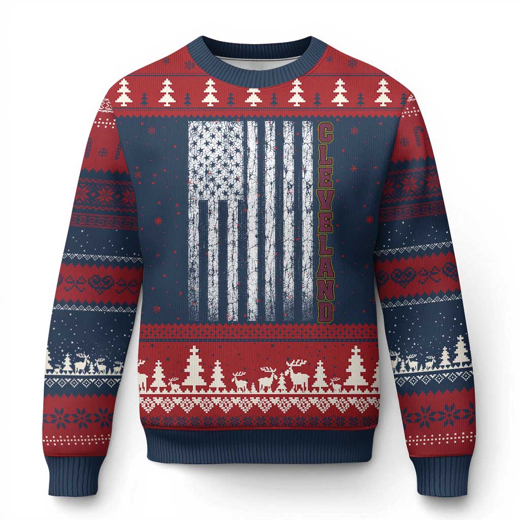 Cleveland Ohio State Pride Vintage American Flag Ugly Christmas Sweater Vintage American Flag Ohio State Pride TS11 Navy Red Print Your Wear