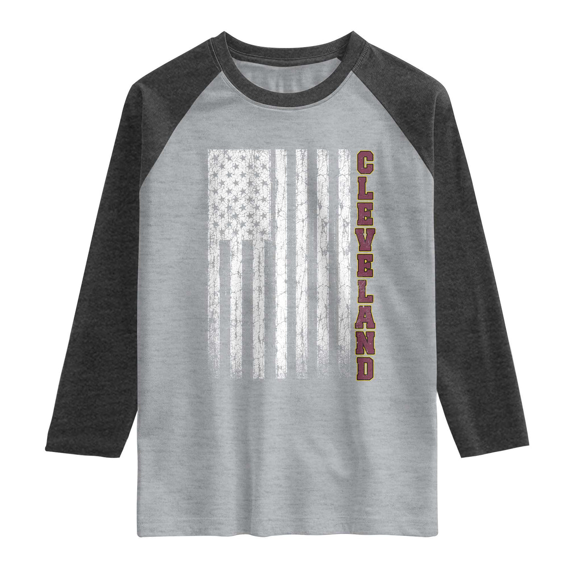 Cleveland Ohio State Pride Vintage American Flag Raglan Shirt Vintage American Flag Ohio State Pride TS11 Heather Gray Heather Charcoal Print Your Wear