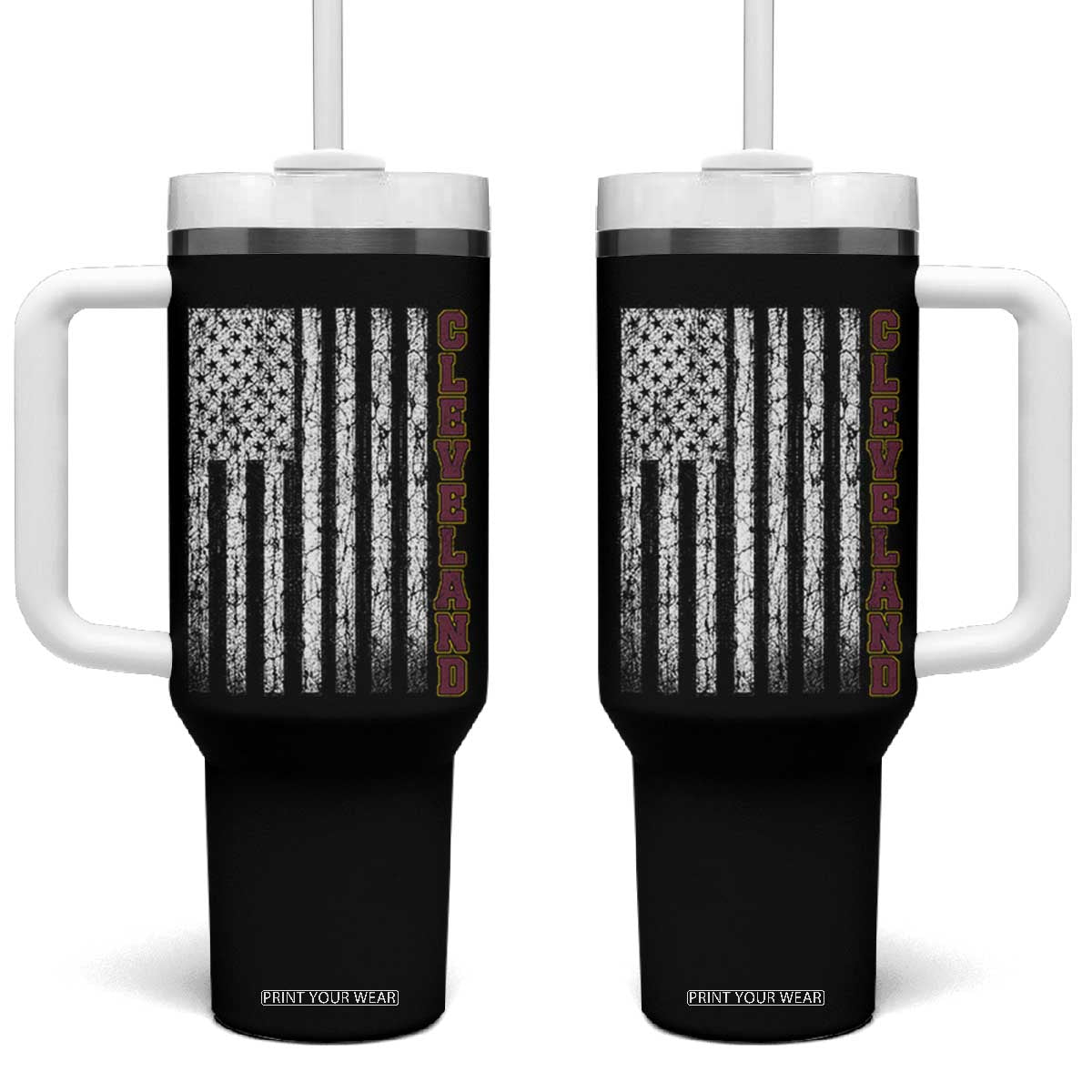 Cleveland Ohio State Pride Vintage American Flag Tumbler With Handle Vintage American Flag Ohio State Pride TS11 One Size: 40 oz Black Print Your Wear