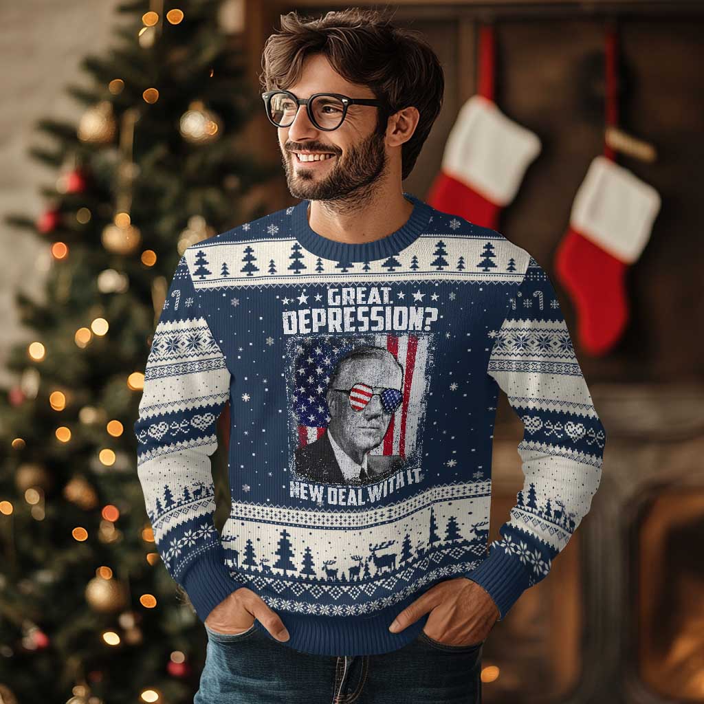 Franklin D Roosevelt Ugly Christmas Sweater Great Depression New Deal With It TS11 Navy Beige Print Your Wear