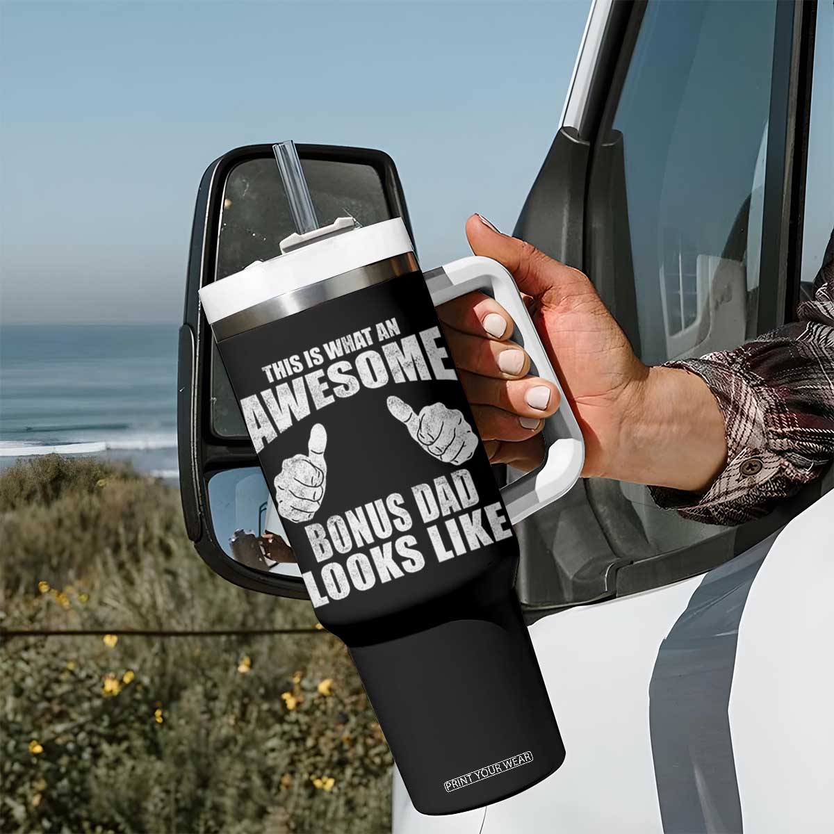 This Is What An Awesome Bonus Dad Looks Like Tumbler With Handle Funny Step Dad Fathers Day Gifts TS11 Print Your Wear