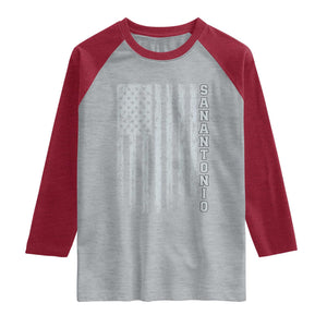 San Antonio Texas State Pride Vintage American Flag Raglan Shirt TS11 Heather Gray Heather Red Print Your Wear
