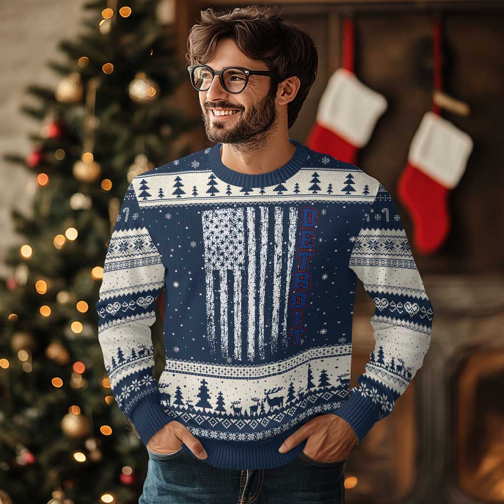 Detroit Michigan State Pride Vintage American Flag Ugly Christmas Sweater TS11 Navy Beige Print Your Wear