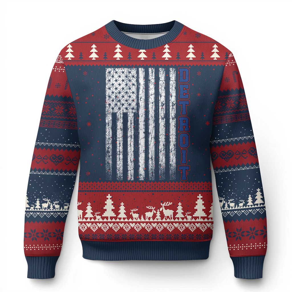 Detroit Michigan State Pride Vintage American Flag Ugly Christmas Sweater TS11 Navy Red Print Your Wear
