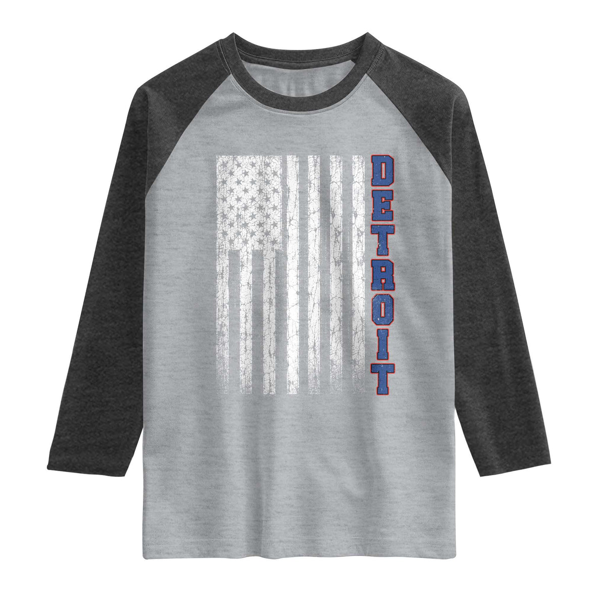 Detroit Michigan State Pride Vintage American Flag Raglan Shirt TS11 Heather Gray Heather Charcoal Print Your Wear
