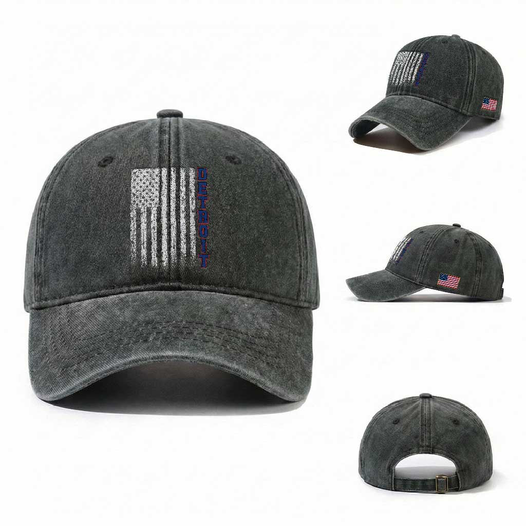 Detroit Michigan State Pride Vintage American Flag Washed Cotton Baseball Cap TS11 Washed Cap Universal Fit Dark Green Print Your Wear
