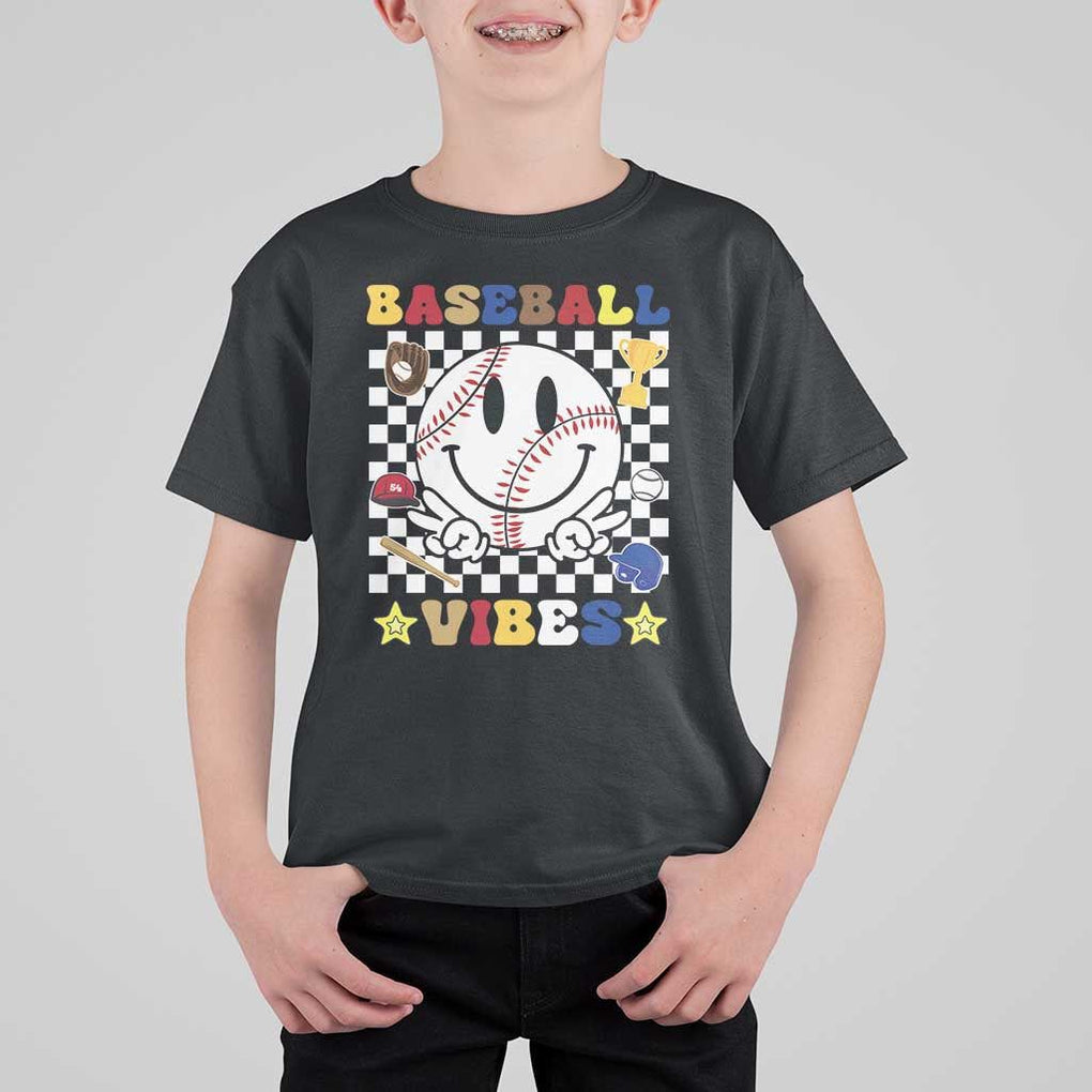 Funny Baseball Vibes T Shirt For Kid Retro Groove Green Ball Smiley Face TS11 Black Print Your Wear