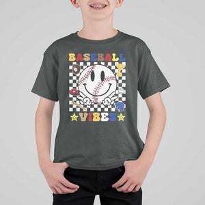 Funny Baseball Vibes T Shirt For Kid Retro Groove Green Ball Smiley Face TS11 Dark Heather Print Your Wear