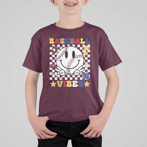 Funny Baseball Vibes T Shirt For Kid Retro Groove Green Ball Smiley Face TS11 Maroon Print Your Wear