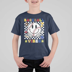 Funny Baseball Vibes T Shirt For Kid Retro Groove Green Ball Smiley Face TS11 Navy Print Your Wear