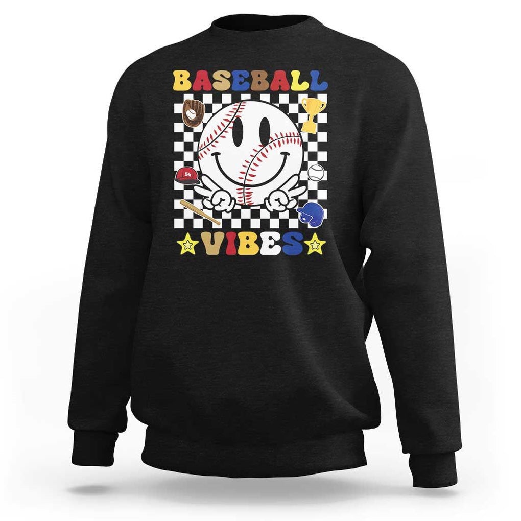 Funny Baseball Vibes Sweatshirt Retro Groove Green Ball Smiley Face TS11 Black Print Your Wear