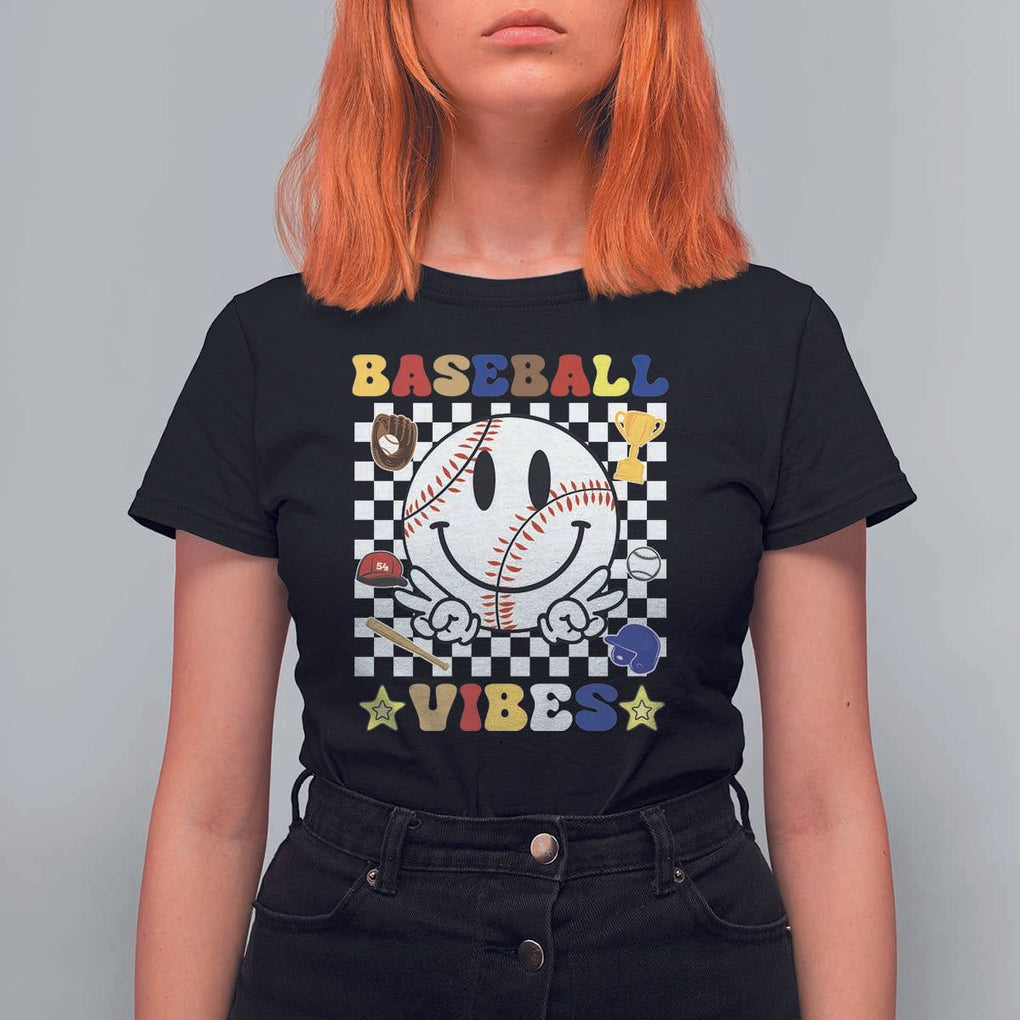 Funny Baseball Vibes T Shirt For Women Retro Groove Green Ball Smiley Face TS11 Black Print Your Wear