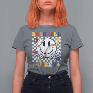 Funny Baseball Vibes T Shirt For Women Retro Groove Green Ball Smiley Face TS11 Charcoal Print Your Wear